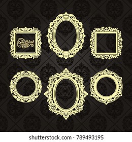 Gold frame made in vector. Unique ornamental decorative covers for greeting card, wedding invitation, save the date with space for your text. Vintage border, antique cover