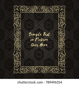 Gold frame made in vector. Unique ornamental decorative covers for greeting card, wedding invitation, save the date with space for your text. Vintage border, antique cover