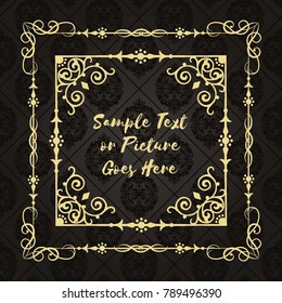 Gold frame made in vector. Unique ornamental decorative covers for greeting card, wedding invitation, save the date with space for your text. Vintage border, antique cover