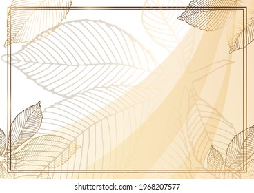 Gold frame. Modern frame with chestnut spots and leaves. Golden twigs on a beige background. Place for your text. svg