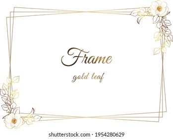 Gold frame. Modern square frame. Golden sprigs on a white background. Place for your text.