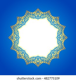 Gold frame on an abstract blue background. Openwork pattern. Round frame. Window.