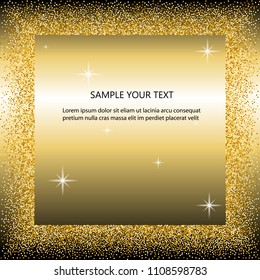 Gold frame on a black gold background. Gold sparkles on a black background. Gold shine background.