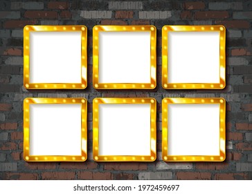 Gold frame on brick wall. Vector illustration