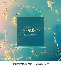 Gold frame on a luxurious background with ink waves and gold marble style veins