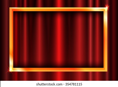 Gold frame on red curtain with space for text for your design
