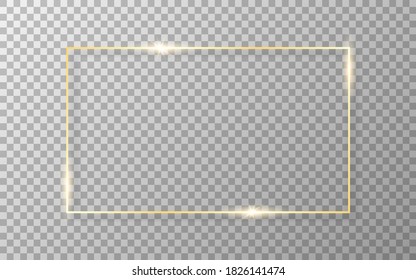 Gold frame on transparent background. Luxury golden border. Shiny rectangle with soft shadow. Wedding or fashion object. Realistic template. Vector illustration.