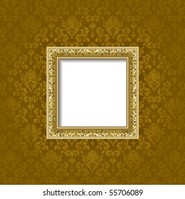 Gold frame on the  wall with brown wallpaper