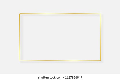 Gold frame on white background. Shiny golden border with light effects. Luxury rectangle with realistic shadow. Wedding or fashion object. Card template. Vector illustration.