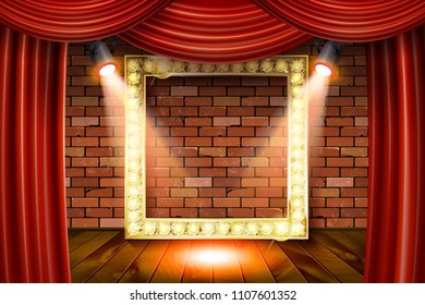 Gold frame on wood with red curtain and brick wall. Illuminated by searchlights. Vector illustration.