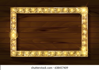 gold frame on a wooden background. Flyers, invitation, posters, brochure, voucher discount Vector illustration