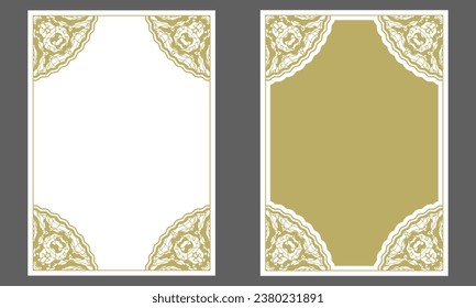 Gold frame with ornamented corners. A4 format. Design for cover page, invitation, card and more. Two versions. Pattern No. 5. Vector illustration