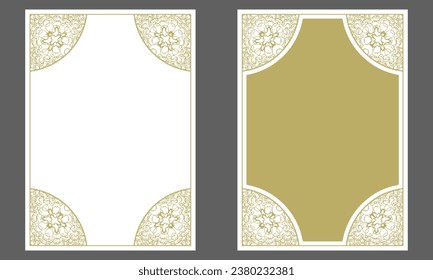 Gold frame with ornamented corners. A4 format. Design for cover page, invitation, card and more. Two versions. Vector illustration