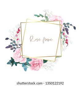 Gold frame with pale roses, eucalyptus leaves and succulent plants. Modern minimalistic vector design.