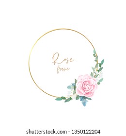 Gold frame with pale roses, eucalyptus leaves and succulent plants. Modern minimalistic vector design.