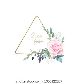 Gold frame with pale roses, eucalyptus leaves and succulent plants. Modern minimalistic vector design.