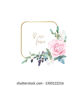 Gold frame with pale roses, eucalyptus leaves and succulent plants. Modern minimalistic vector design.