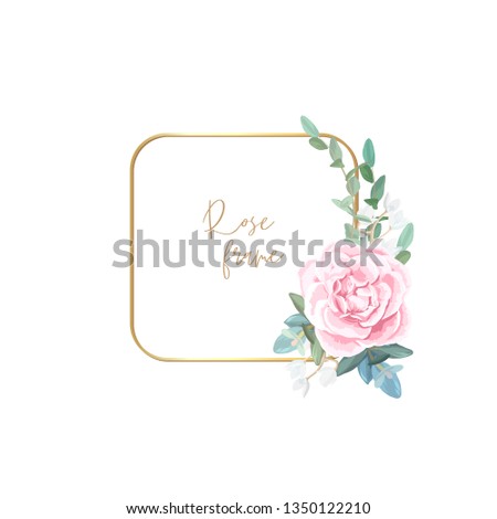 Gold frame with pale roses, eucalyptus leaves and succulent plants. Modern minimalistic vector design.