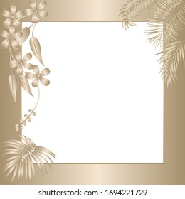 Gold frame with palm trees and leaves. Tropical  vector background for wedding,quotes, Birthday and invitation cards,greeting, print, blogs, bridal cards.