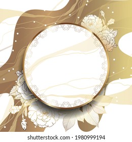 Gold frame with a pattern. 3D paper cutout. Leaves and flowers from golden threads. Wedding postcard. Original frame with flowers in vintage style. Vector illustration. Place for an inscription.
