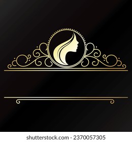 Gold frame with a pattern and a silhouette of a girl. Design for beauty salon and hair salon