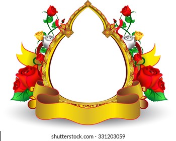 Gold frame picture vector design oval and gold ribbon for word bottom and rose flowers colors back up,white background