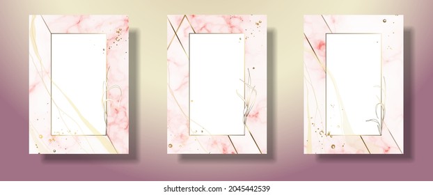 Gold frame pink and leaves. Marble pink background. Geometric abstract frame. Vector file.