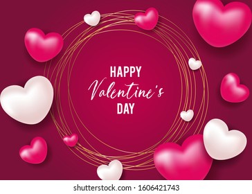 Gold frame with pinks hearts with Happy Valentine's day lettering. Festive sparkle layout template design. Glitter pink hearts on pink background with frame, border.