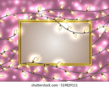 Gold frame with place for text surrounded by Colorful Glowing Christmas Lights.Vector elements can be used as backdrop. Holiday Illustration, luminous electric garland, shiny light bulbs and wire.