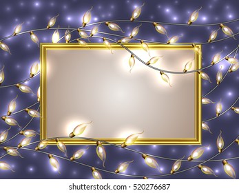 Gold frame with place for text surrounded by Colorful Glowing Christmas Lights.Vector elements can be used as backdrop. Holiday Illustration, luminous electric garland, shiny light bulbs and wire.