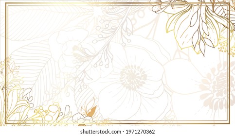 Gold frame. Plants line gold. Luxurious golden nature. White background. Flowers in a thin line. Light pastel colors. Vector abstract background.