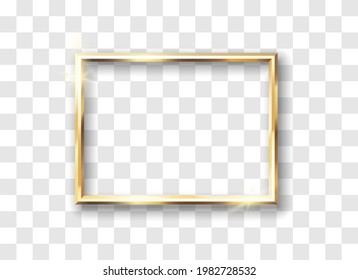 Gold frame realistic. Shiny glowing vintage border isolated on transparent background. Golden luxury realistic rectangle framework. 3d vector illustration