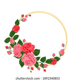 Gold frame with red and pink roses, buds and green leaves. Template for a greeting card with free space for text. Vector illustration in cartoon flat style.