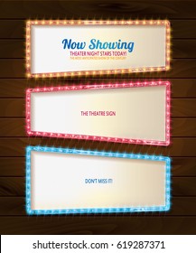 Gold frame retro comic design banner elements with light bulbs, Vector illustration on wooden background. 10 eps. Set