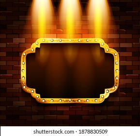Marco dorado en estilo retro con espacio para el texto en el foco. Contra una pared de ladrillo. Ilustración del vector