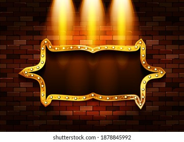 Gold frame in retro style with space for your text in the spotlight. Against a brick wall. Vector illustration