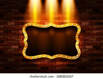 Gold frame in retro style with space for your text in the spotlight. Against a brick wall. Vector illustration