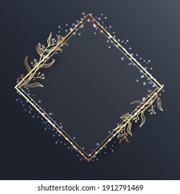 Gold frame. Rhombus in golden branches on a dark gray background. Glowing sparks and dots. Place for text.