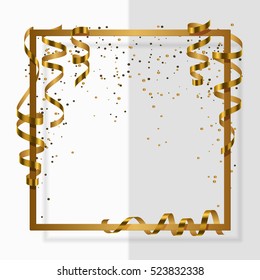 Gold frame with gold ribbon, serpentine, dust for flyer, poster, shopping, for sale sign, discount, marketing, selling, banner, web, header. Vector illustration. White background.