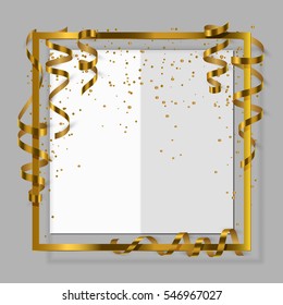 Gold frame with gold ribbon, serpentine, dust and white paper for flyer, poster, for sale sign, discount, marketing, selling, banner, web, header. Vector illustration.