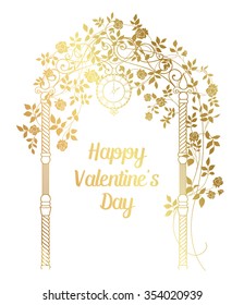 Gold frame. Rose garden with trees and arch flowers, text template plase in the bottom. Happy valentine's day. Vector illustration.