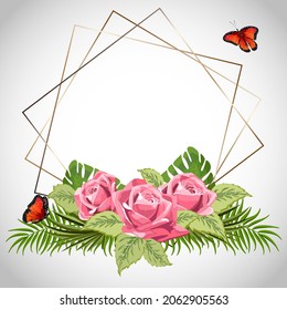 Gold frame with roses and leaves.Elegant vector illustration with gold frame for text and decor of roses, leaves and butterflies.