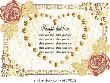 Gold frame with roses. Valentine's Day, Wedding. eps10