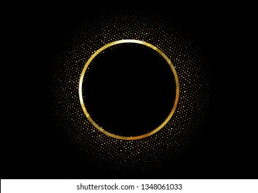 Marco dorado redondo con brillo sobre fondo oscuro. Anillo de borde del vector dorado