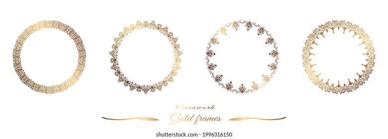 Goldener Rahmen. Schmuck im Freien. Geometrisches Set mit goldenem Muster. Vektorgrafik. Weißer Hintergrund.