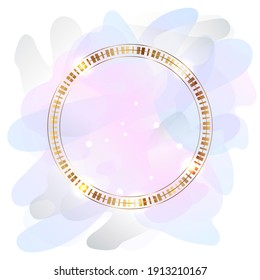 Gold frame. Round. Watercolor wedding invitation card with rose gold vein texture. Pastel pink brush strokes and gold outline geometric frame. Abstract background.
