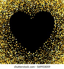 Gold frame of scatter confetti in the shape of heart. Border design element for festive banner, greeting card, postcard, wedding invitation, Valentines day and save the date card. Vector illustration.