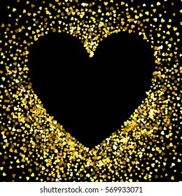 Gold frame of scatter confetti in the shape of heart. Border design element for festive banner, greeting card, postcard, wedding invitation, Valentines day and save the date card. Vector illustration.
