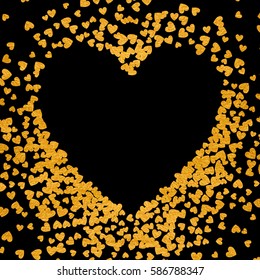 Gold frame of scatter confetti in the shape of heart. Border design element for festive banner, greeting card, postcard, wedding invitation, Valentines day and save the date card. Vector illustration.