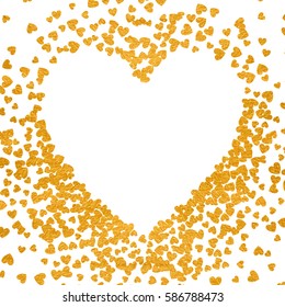 Gold frame of scatter confetti in the shape of heart. Border design element for festive banner, greeting card, postcard, wedding invitation, Valentines day and save the date card. Vector illustration.